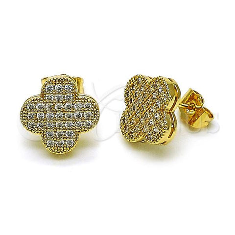 Oro Laminado Stud Earring, Gold Filled Style Four-leaf Clover Design, with White Cubic Zirconia, Polished, Golden Finish, 02.283.0176