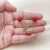Oro Laminado Earring and Pendant Adult Set, Gold Filled Style Cherry and Heart Design, with White Micro Pave, Red Enamel Finish, Golden Finish, 10.417.0029