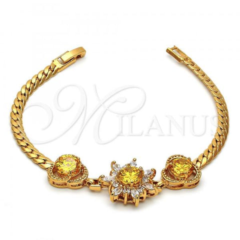 Oro Laminado Fancy Bracelet, Gold Filled Style Flower Design, with Golden and White Cubic Zirconia, Diamond Cutting Finish, Golden Finish, 27.006
