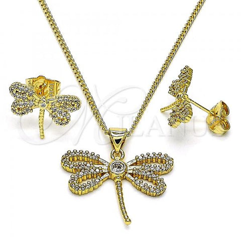 Oro Laminado Earring and Pendant Adult Set, Gold Filled Style Dragon-Fly Design, with White Micro Pave and White Cubic Zirconia, Polished, Golden Finish, 10.156.0433