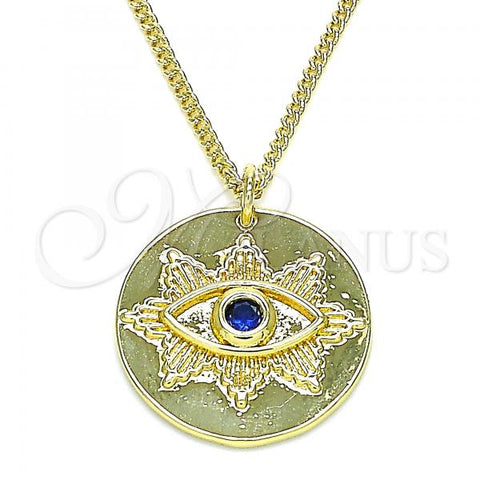 Oro Laminado Pendant Necklace, Gold Filled Style Evil Eye Design, with Sapphire Blue Micro Pave, Polished, Golden Finish, 04.156.0400.20