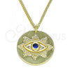 Oro Laminado Pendant Necklace, Gold Filled Style Evil Eye Design, with Sapphire Blue Micro Pave, Polished, Golden Finish, 04.156.0400.20