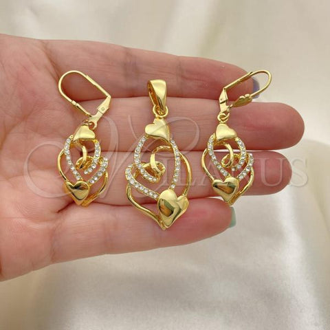 Oro Laminado Earring and Pendant Adult Set, Gold Filled Style Heart Design, with White Crystal, Polished, Golden Finish, 10.160.0050