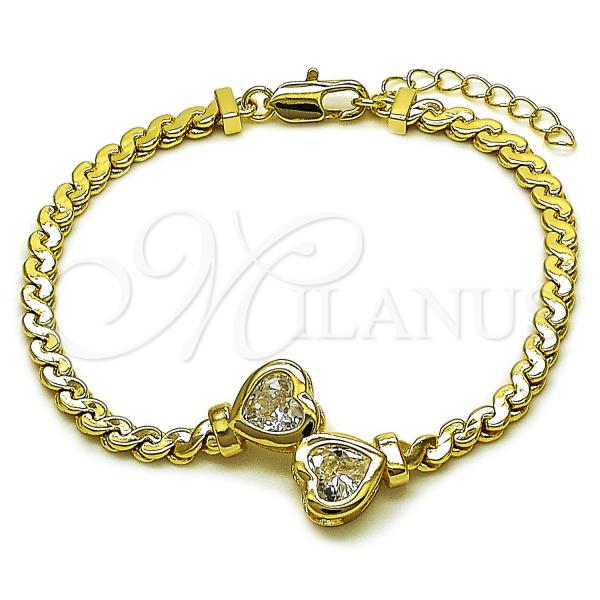 Oro Laminado Fancy Bracelet, Gold Filled Style Heart and Twist Design, with White Cubic Zirconia, Polished, Golden Finish, 03.213.0366.07