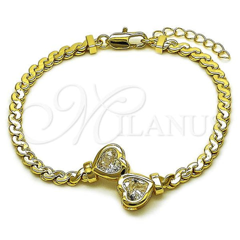 Oro Laminado Fancy Bracelet, Gold Filled Style Heart and Twist Design, with White Cubic Zirconia, Polished, Golden Finish, 03.213.0366.07