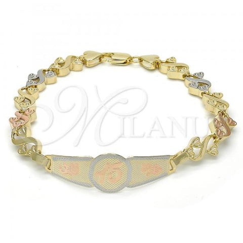 Oro Laminado ID Bracelet, Gold Filled Style Flower and Heart Design, Polished, Tricolor, 03.63.1947.1.08