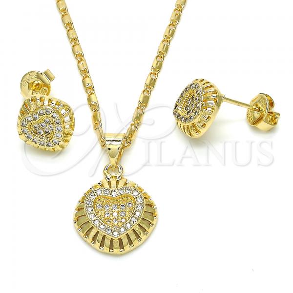 Oro Laminado Earring and Pendant Adult Set, Gold Filled Style Heart Design, with White Micro Pave, Polished, Golden Finish, 10.156.0170