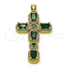 Oro Laminado Fancy Pendant, Gold Filled Style Cross Design, with Green Cubic Zirconia and White Micro Pave, Polished, Golden Finish, 05.341.0101.2