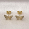 Oro Laminado Stud Earring, Gold Filled Style Butterfly Design, with White Micro Pave, Polished, Golden Finish, 02.411.0031