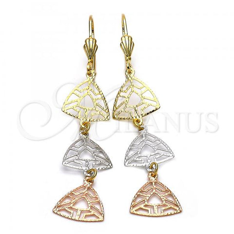 Oro Laminado Long Earring, Gold Filled Style Diamond Cutting Finish, Tricolor, 02.63.2108