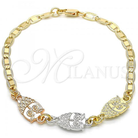 Oro Laminado Fancy Bracelet, Gold Filled Style Owl Design, Polished, Tricolor, 03.63.1889.1.08