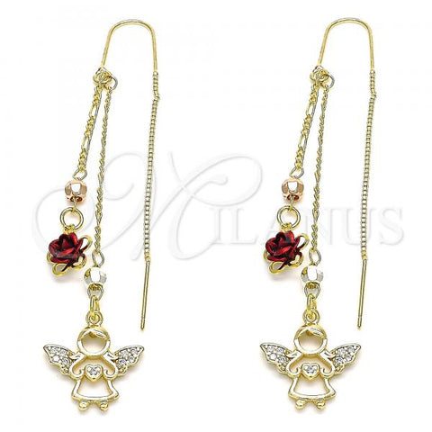 Oro Laminado Threader Earring, Gold Filled Style Angel and Heart Design, with White Micro Pave, Polished, Tricolor, 02.253.0025