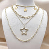 Stainless Steel Fancy Necklace, Star and Paperclip Design, with White Micro Pave, Polished, Golden Finish, 04.437.0006.16
