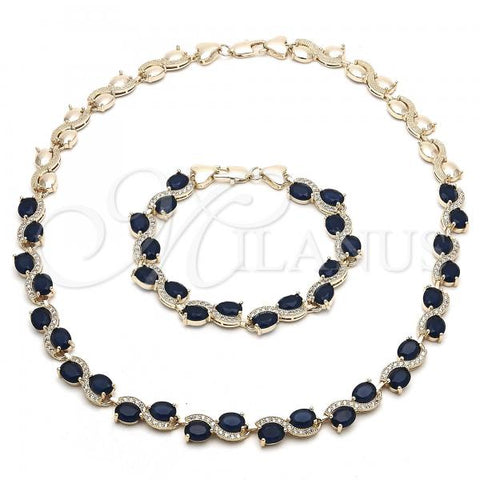 Oro Laminado Necklace and Bracelet, Gold Filled Style Heart Design, with Sapphire Blue and White Cubic Zirconia, Polished, Golden Finish, 06.284.0010.2