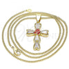 Oro Laminado Pendant Necklace, Gold Filled Style Cross and Flower Design, with White Cubic Zirconia, Red Enamel Finish, Golden Finish, 04.380.0013.20