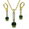 Oro Laminado Earring and Pendant Adult Set, Gold Filled Style with Green and White Cubic Zirconia, Polished, Golden Finish, 10.196.0078