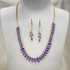 Oro Laminado Necklace and Earring, Gold Filled Style with Amethyst Cubic Zirconia, Polished, Golden Finish, 06.221.0014