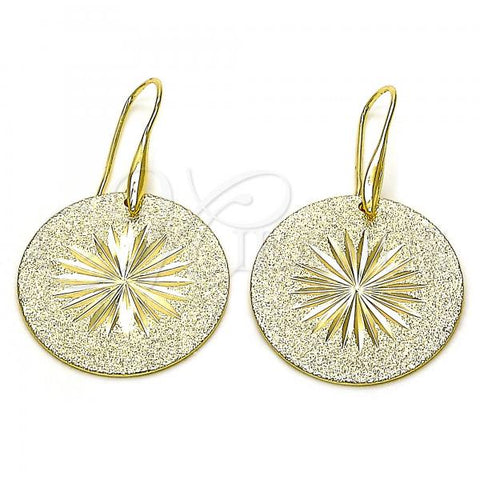 Oro Laminado Dangle Earring, Gold Filled Style Flower and Sun Design, Diamond Cutting Finish, Golden Finish, 5.092.003