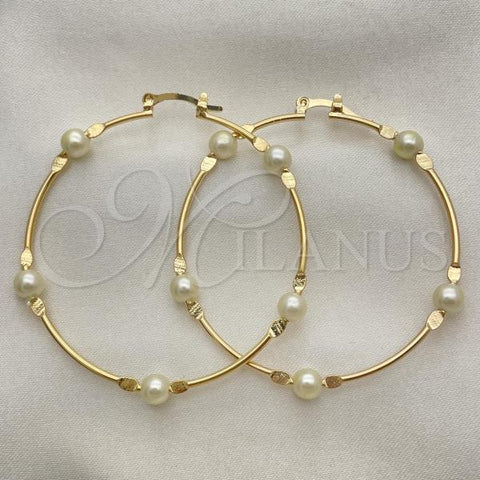 Oro Laminado Medium Hoop, Gold Filled Style Ball Design, with Ivory Pearl, Polished, Golden Finish, 02.02.0527.50