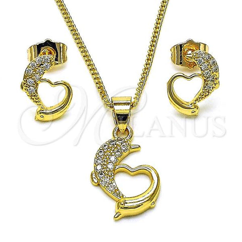 Oro Laminado Earring and Pendant Adult Set, Gold Filled Style Dolphin Design, with White Micro Pave, Polished, Golden Finish, 10.344.0031