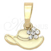 Oro Laminado Fancy Pendant, Gold Filled Style Hat and Flower Design, with White Crystal, White Enamel Finish, Golden Finish, 05.163.0056