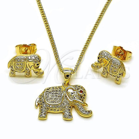 Oro Laminado Earring and Pendant Adult Set, Gold Filled Style Elephant Design, with Ruby and White Micro Pave, Polished, Golden Finish, 10.199.0076.2