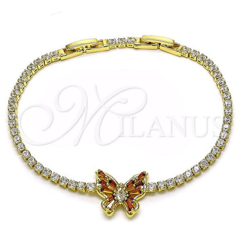 Oro Laminado Tennis Bracelet, Gold Filled Style Butterfly and Baguette Design, with Garnet and White Cubic Zirconia, Polished, Golden Finish, 03.284.0040.2.08
