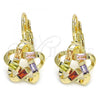 Oro Laminado Leverback Earring, Gold Filled Style Flower Design, with Multicolor Cubic Zirconia, Polished, Golden Finish, 02.210.0214.1