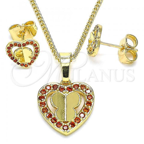 Oro Laminado Earring and Pendant Adult Set, Gold Filled Style Heart and Butterfly Design, with Garnet Micro Pave, Polished, Golden Finish, 10.233.0046.1