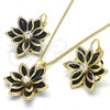 Oro Laminado Earring and Pendant Adult Set, Gold Filled Style Flower Design, with Black and White Crystal, Polished, Golden Finish, 10.64.0157.4