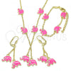 Oro Laminado Earring and Pendant Children Set, Gold Filled Style Elephant Design, with White Crystal, Pink Enamel Finish, Golden Finish, 06.60.0006.1