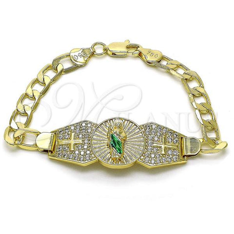 Oro Laminado Fancy Bracelet, Gold Filled Style San Judas and Cross Design, with White Cubic Zirconia, Diamond Cutting Finish, Tricolor, 03.411.0022.07