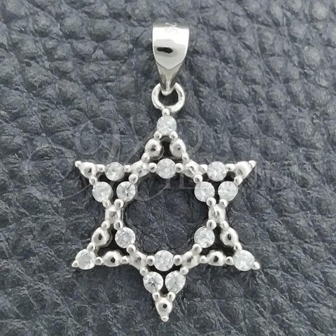 Sterling Silver Religious Pendant, Star of David Design, with White Cubic Zirconia, Polished, Rhodium Finish, 05.398.0001