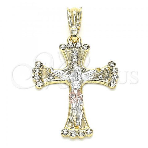 Oro Laminado Religious Pendant, Gold Filled Style Crucifix Design, with White Crystal, Polished, Tricolor, 05.351.0069