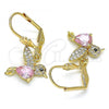 Oro Laminado Dangle Earring, Gold Filled Style Bird Design, with Pink and White Micro Pave, Polished, Golden Finish, 02.210.0386.1