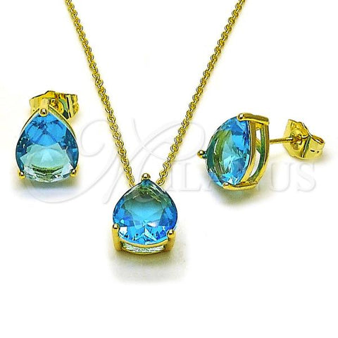 Oro Laminado Earring and Pendant Adult Set, Gold Filled Style Teardrop and Rolo Design, with Blue Topaz Cubic Zirconia, Polished, Golden Finish, 10.156.0510