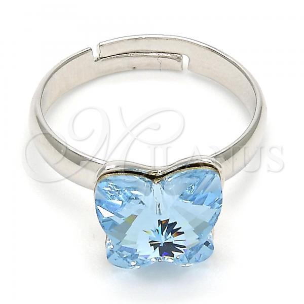 Rhodium Plated Multi Stone Ring, Butterfly Design, with Aquamarine Swarovski Crystals, Polished, Rhodium Finish, 01.239.0007.3 (One size fits all)