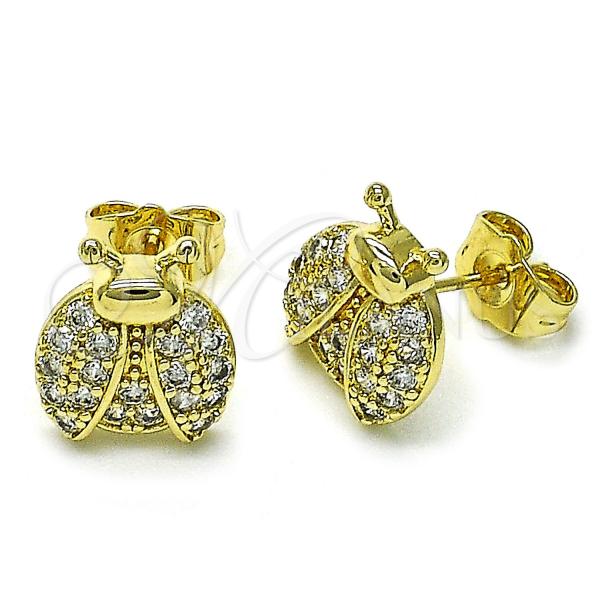 Oro Laminado Stud Earring, Gold Filled Style Ladybug Design, with White Micro Pave, Polished, Golden Finish, 02.411.0018