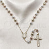 Oro Laminado Medium Rosary, Gold Filled Style San Benito and Crucifix Design, with White Cubic Zirconia, Diamond Cutting Finish, Tricolor, 09.253.0085.26