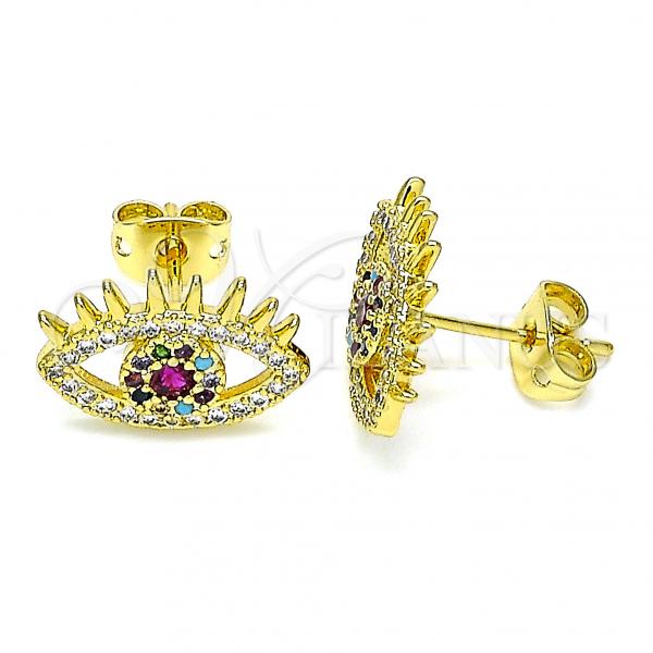 Oro Laminado Stud Earring, Gold Filled Style Evil Eye Design, with Ruby Cubic Zirconia and Multicolor Micro Pave, Polished, Golden Finish, 02.341.0048