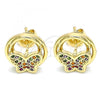 Oro Laminado Stud Earring, Gold Filled Style Butterfly Design, with Multicolor Micro Pave, Polished, Golden Finish, 02.156.0453.3