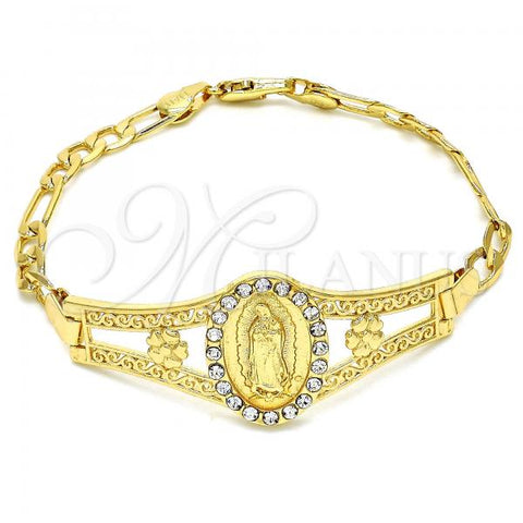 Oro Laminado Fancy Bracelet, Gold Filled Style Guadalupe and Flower Design, with White Crystal, Polished, Golden Finish, 03.253.0025.1.08