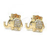 Oro Laminado Stud Earring, Gold Filled Style Elephant and Crown Design, with White Micro Pave, Polished, Golden Finish, 02.185.0009