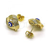 Oro Laminado Stud Earring, Gold Filled Style Evil Eye Design, Blue Enamel Finish, Golden Finish, 02.213.0423.1