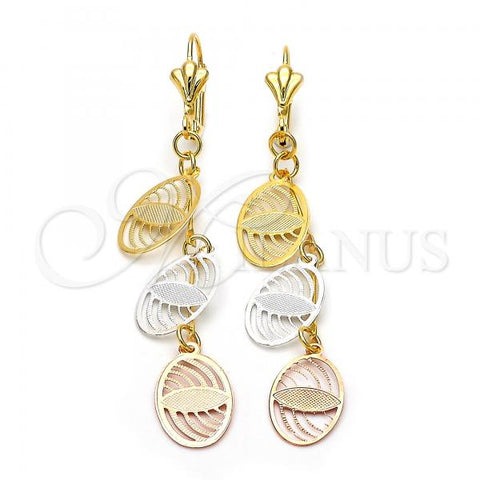 Oro Laminado Long Earring, Gold Filled Style Leaf Design, Tricolor, 84.011