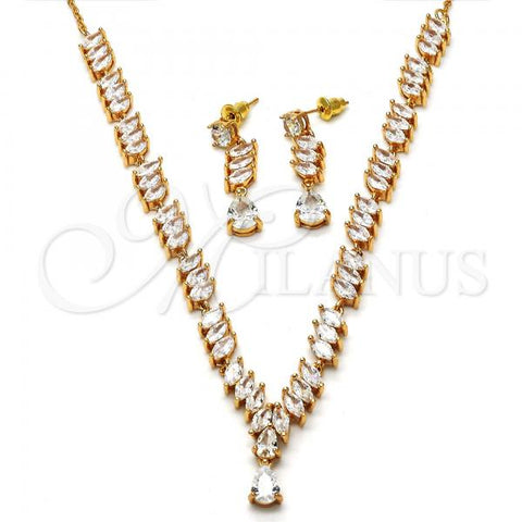 Oro Laminado Necklace and Earring, Gold Filled Style Teardrop Design, with White Cubic Zirconia, Polished, Golden Finish, 06.205.0005
