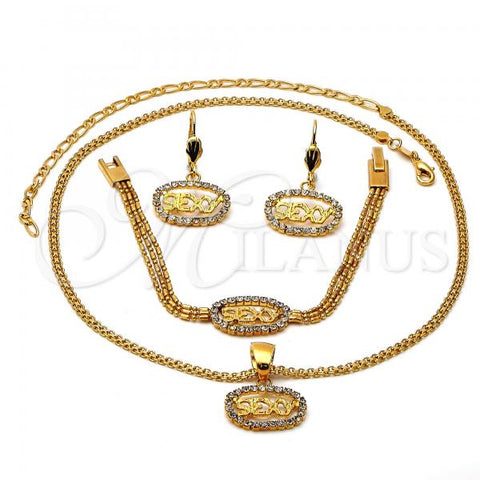 Oro Laminado Necklace, Bracelet and Earring, Gold Filled Style with White Cubic Zirconia, Polished, Golden Finish, 17.004