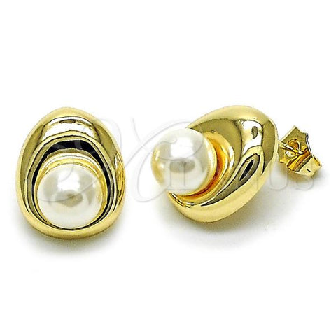 Oro Laminado Stud Earring, Gold Filled Style Leaf Design, with Ivory Micro Pave, Polished, Golden Finish, 02.195.0337