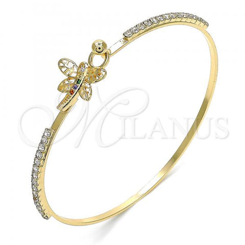Oro Laminado Individual Bangle, Gold Filled Style Dragon-Fly Design, with Multicolor Micro Pave and White Crystal, Polished, Golden Finish, 07.193.0026.1.04 (02 MM Thickness, Size 4 - 2.25 Diameter)