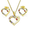 Oro Laminado Earring and Pendant Adult Set, Gold Filled Style Heart Design, with Multicolor Cubic Zirconia, Polished, Golden Finish, 10.210.0157.2